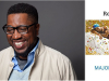 Poet Major Jackson smiling, juxtaposed against the cover of his book Roll Deep.