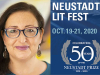 A photo of NSK juror Monica Brown juxtaposed with the logo for the 50th anniversary Neustadt Lit Fest