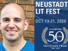 A photograph of NSK juror Adib Khorram juxtaposed with the logo of the 2020 Neustadt Lit Fest