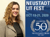 A photograph of Ani Kokobobo juxtaposed with the logo for the 50th anniversary Neustadt Lit Fest