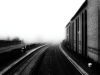 A black and white photo of train tracks stretching into a high-contrast distance