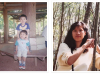 Two Polaroid style photos, clearly aged by the faded quality of the covers. On the left two young children pose. On the right, a woman looks directly at the camera with a forest in the background.