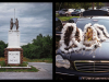 A diptych with a photo on the left of a statue of two men shaking hands with a sign that says, "Welcome to Skeedee" and, on the right, a photograph of indigenous headdress on the hood of a BMW