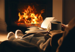 A photograph of a person sitting in front of a fire reading