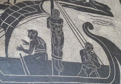 A photograph of a mosaic depicting Odysseus bound to the mast of his ship