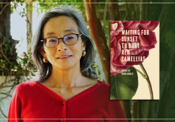 A photograph of Miho Kinnas along with the cover to her book Waiting for Sunset to Bury Red Camellias