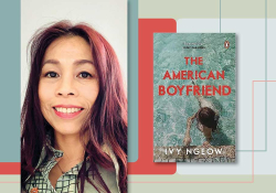 A photograph of Ivy Ngeow and the cover to her book The American Boyfriend