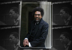 A photograph of Cornel West laid out on a repeating tile of the cover to John Coltrane's A Love Supreme