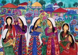 A colorful mural of faceless female figures in traditional Palestinian dress