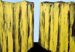 A painting of two tall cliffs, rendered in yellow