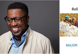 Poet Major Jackson smiling, juxtaposed against the cover of his book Roll Deep.