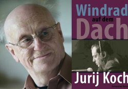 A photograph of Jurij Koch juxtaposed with the cover to his book Windrad auf dem Dach