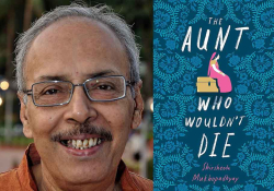 A photo of Shirshendu Mukhopadhyay juxtaposed with the cover to his book The Aunt Who Wouldn't Die