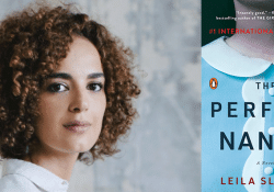 A photo of author Leila Slimani juxtaposed with the cover of the American edition of her book, The Perfect Nanny