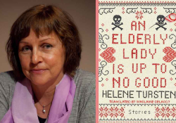 A photograph of Helene Tursten juxtaposed with the cover of her book An Elderly Lady Is Up to No Good