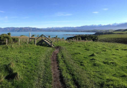 A foot path snakes away from the viewer toward a cliff and the ocean beyond