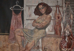 A painting of a woman in a sundress, reclining on a butcher block as a dress and freshly dressed meat hangs in the background