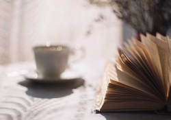 A teacup sits, out of focus, next to a book on a table.