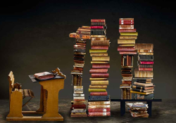 A photo of an antique student desk facing several stylishly designed stacks of books