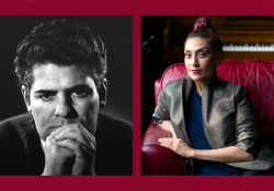 Photos of Ahmad Shamlou and Niloufar Talebi juxtaposed on a crimson background