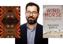 A photograph of Kaushik Barua bookended by the covers to his books Wind Horse and No Direction Rome