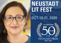 A photo of NSK juror Monica Brown juxtaposed with the logo for the 50th anniversary Neustadt Lit Fest