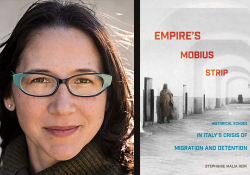 A photo of Stephanie Malia Hom juxtaposed with the cover of her book Empire's Mobius Strip