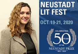 A photograph of Ani Kokobobo juxtaposed with the logo for the 50th anniversary Neustadt Lit Fest