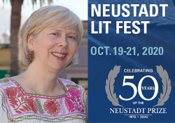 A photograph of NSK Juror Cynthia Weill juxtaposed with the logo for the Neustadt Lit Fest