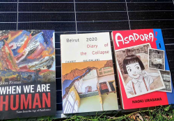 The three books discussed in the list below displayed on the face of an upright solar panel