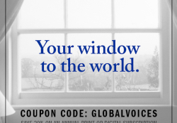 Text reads "Your window to the world. Coupon Code: Global Voices. Save 20% on an annual print or digital subscription.