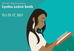 A detail from the prize-winning poster design. Text reads: With 2021 NSK Prize Winnert Cynthia Leitich Smith, Oct. 25-27, 2021