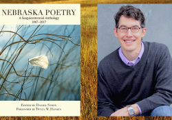 The cover to Nebraska Poetry juxtaposed with a photo of editor Daniel Simon