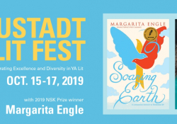 Text reads: Neustadt Lit Fest. Celebrating excellence and diversity in YA lit. Oct 15 through 19 2019 with 2019 NSK Prize winner Margarita Engle