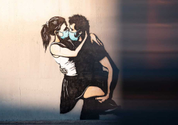 An illustration of a man and woman embracing. Both are wearing surgical masks