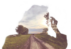 The negative outline of a person blowing on a dandelion through which a photograph of a dirt road stretching into the distance can be seen