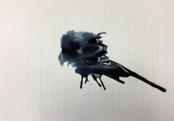 A large inkblot stain on white paper, through which writing on the opposite side just just be seen but not read