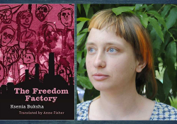 The cover to The Freedom Factory juxtaposed with a photo of its author, Ksenia Buksha