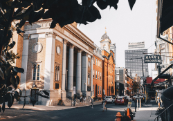 A photograph of downtown Philadelphia shot from the street