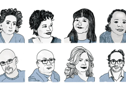 Digital illustrations of Daniel Alarcón, Julia Alvarez, Sandra Cisneros, Edwidge Danticat,  Junot Díaz, Ha Jin, Esmeralda Santiago, and Gary Shteyngart