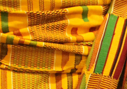 The traditional Ghanian kente cloth that Meshack Asare wore to the 2015 Neustadt Festival ceremony.