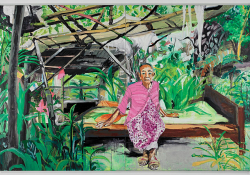 An oil painting of an old woman sitting on a bed in a lean-to.