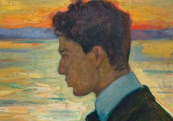 A painting of a man looking out at the ocean